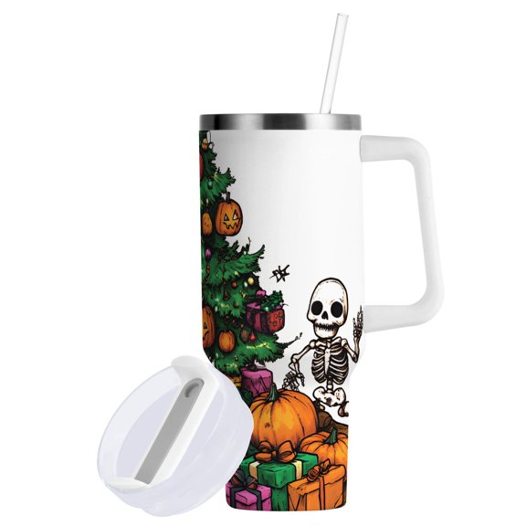 Yayeee 40oz Stainless Steel Tumbler with Straw and Handle Double-Wall Insulated Travel Water Bottle, Green Halloween Christmas Trees