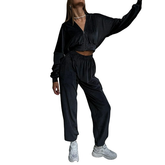 Seyurigaoka 2 Pcs Women's Spring Autumn Outfit Sets Long Sleeve Zipper Hooded Sweatshirt + Solid Color Pants for Teen Girls