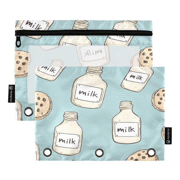 Iauyy Pencil Case for 3-Ring Binder, Transparent Window Pencil Box with Smooth Zipper, Large Capacity 3-Ring Binder Pencil Case, with 3 Reinforced Eyelet,Cookies and Milk