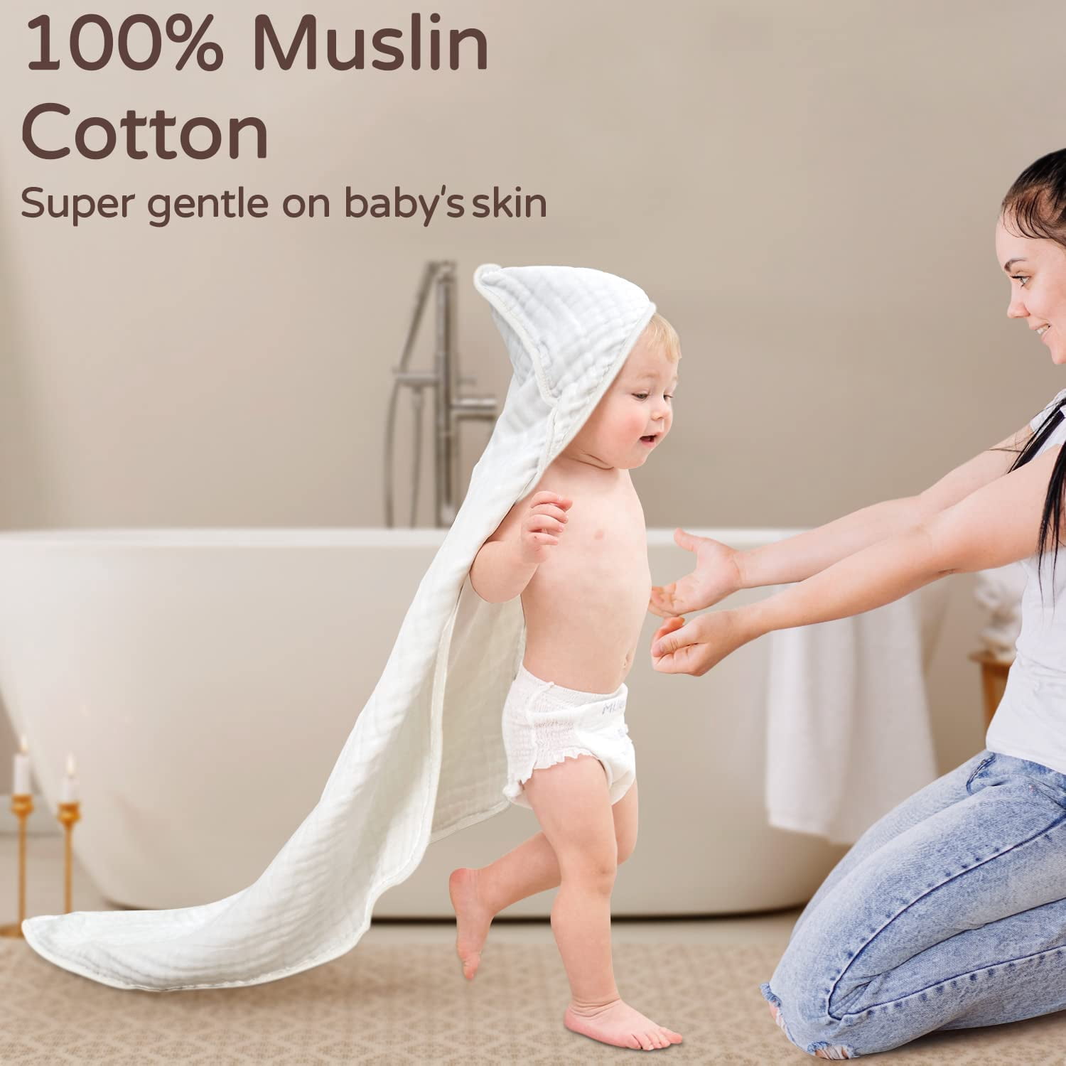 Hooded Baby Towels for Newborn 2 Pack 100% Muslin Cotton Baby Bath Towel with Hood for Babies, Infant, Toddler and Kids, Large 32x32Inch, Soft and Absorbent Newborn Essential