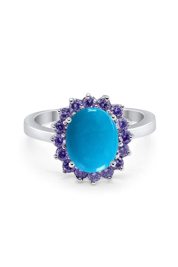 Genuine Natural Arizona Sleeping Beauty Turquoise Size-9 Art Deco Oval Vintage Style Floral Halo Amethyst CZ Wedding Engagement Ring For Women 925 Sterling Silver Gifts For Her