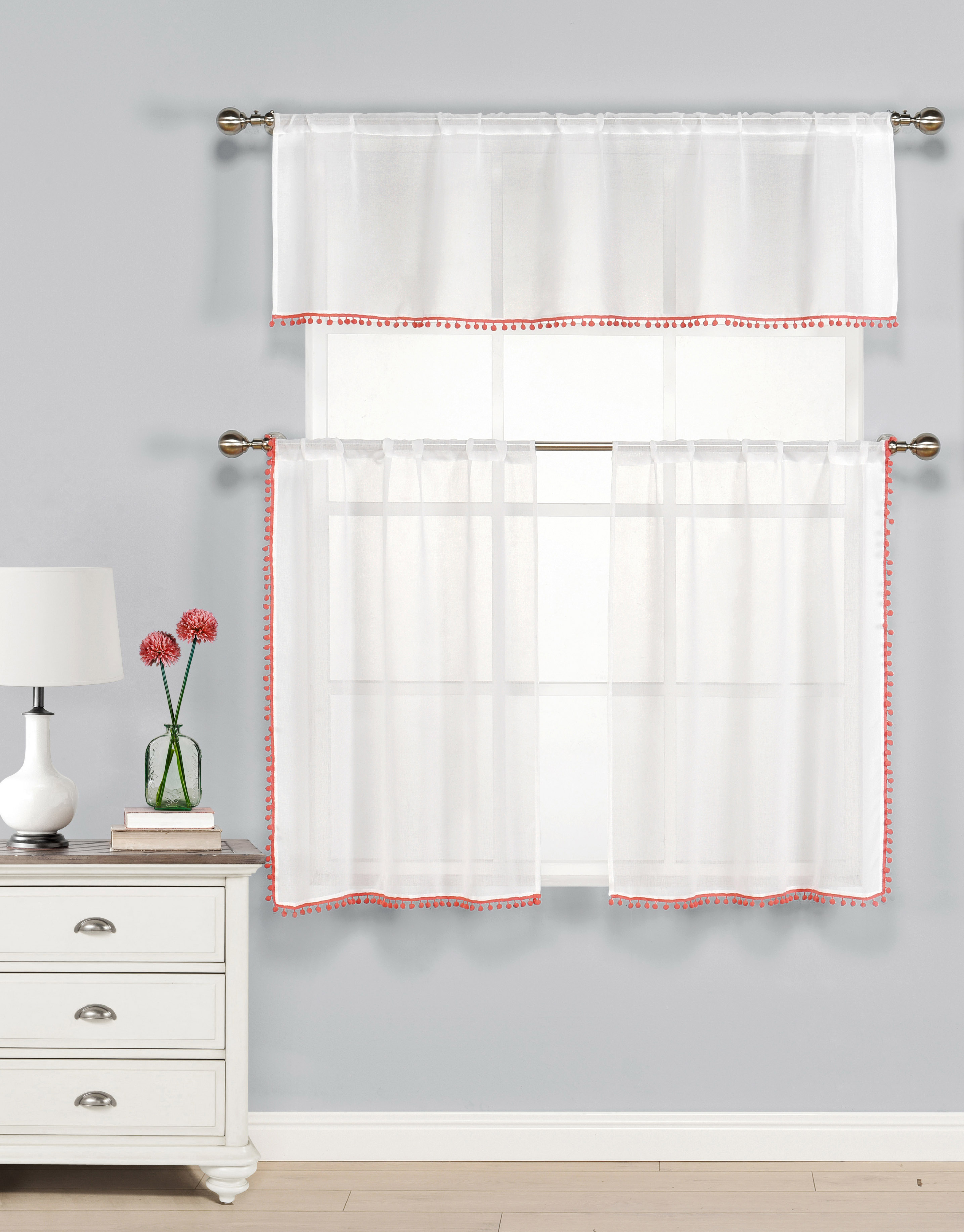 Three Piece Kitchen Cafe Tier Window Curtain Set Sheer White With