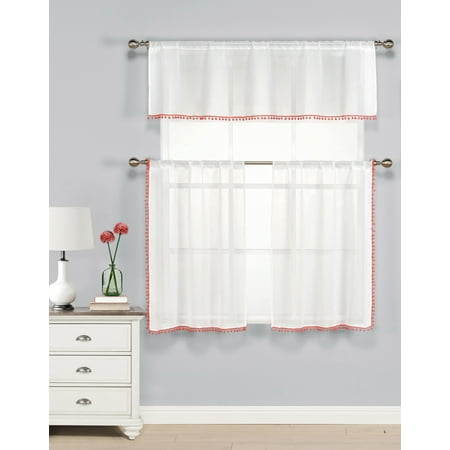 Three Piece Kitchen Cafe Tier Window Curtain Set Sheer White With