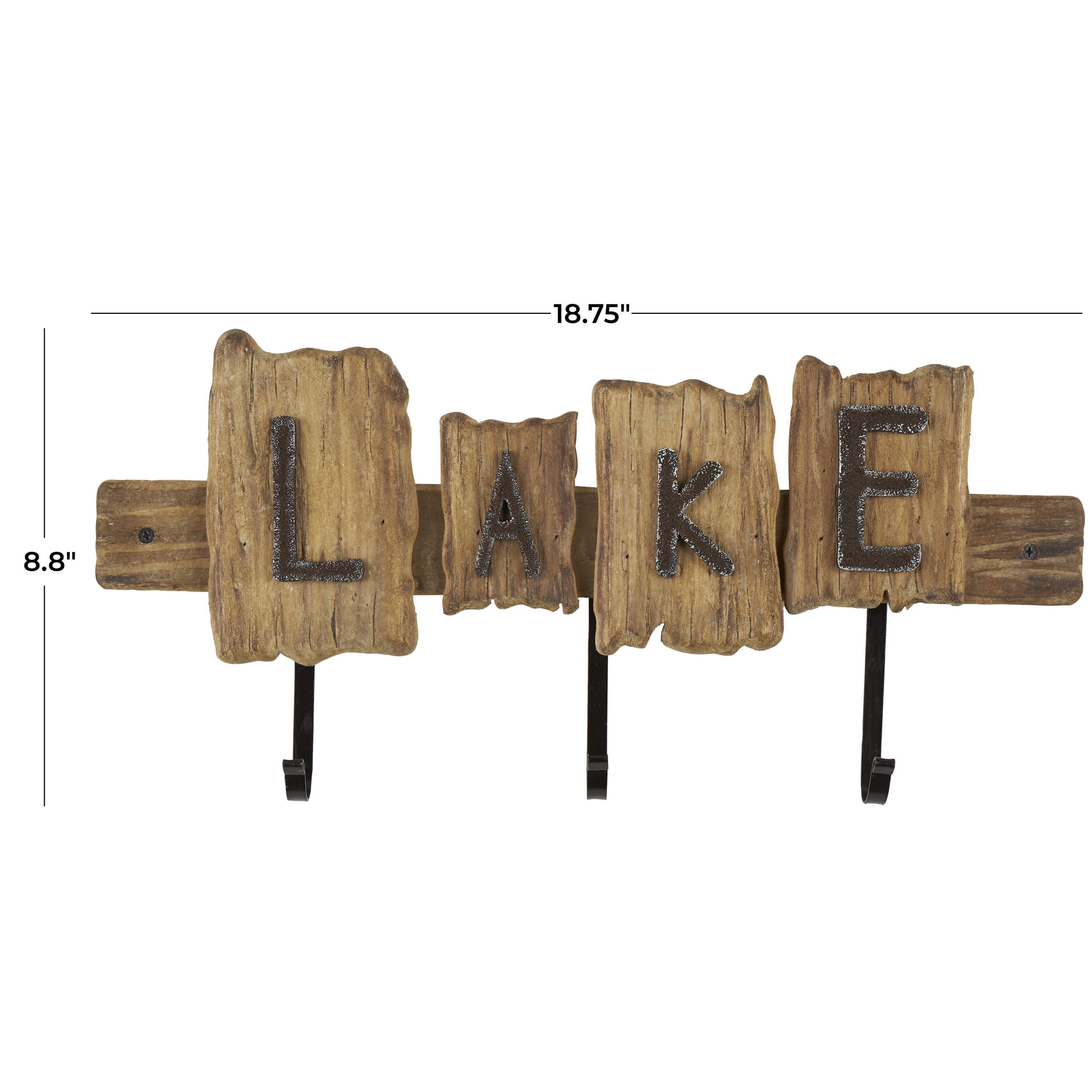 DecMode 19" x 2" Brown Wood Handmade Live Edge Lake Sign 3 Hanger Wall Hook with Metal Accents, 1-Piece