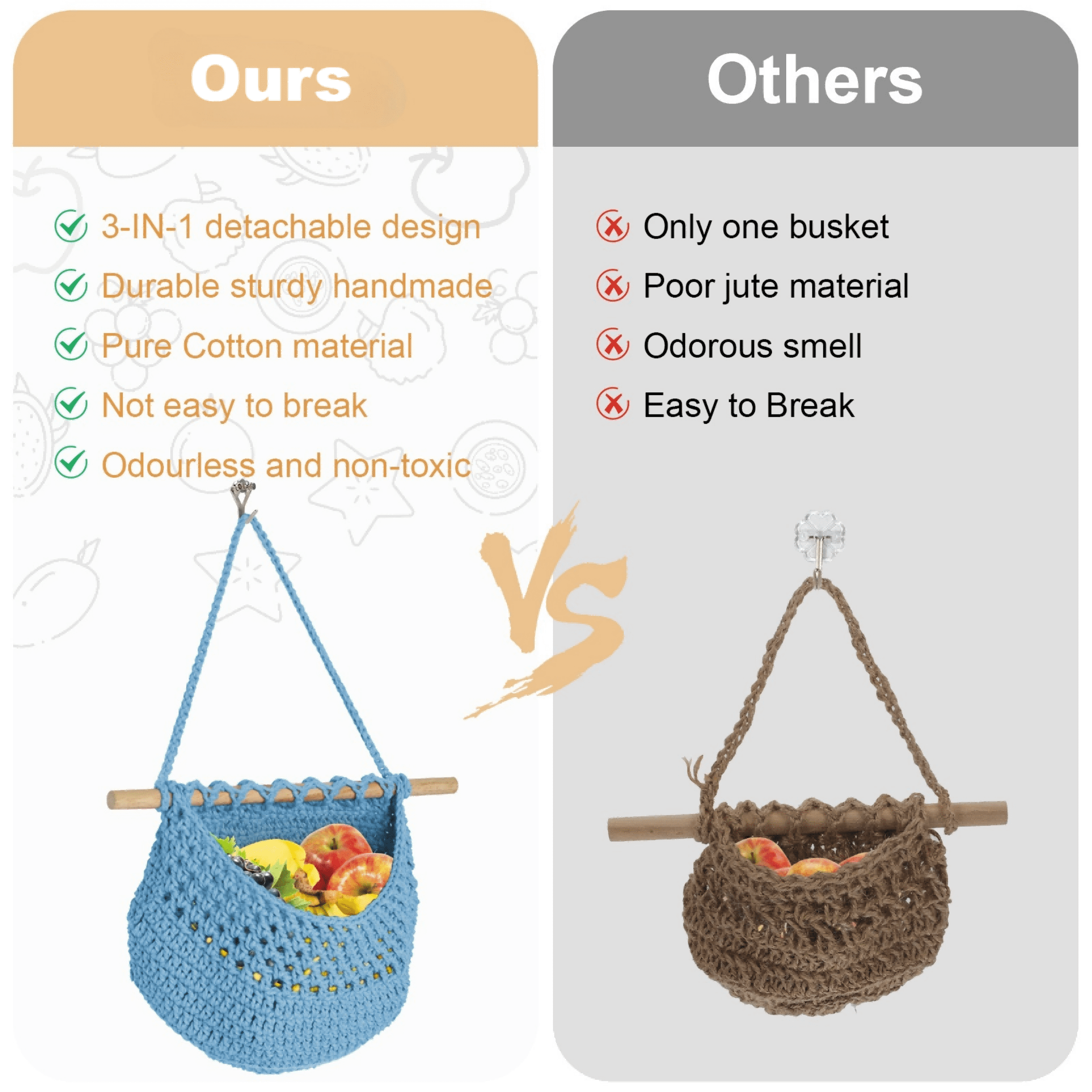 Hanging Fruit Basket, 3 Tier Detachable Wall Hanging Basket Over the Door Organizer for Fruit Vegetable Plant Decor, Gray Blue Boho Handwoven Cotton Rope Fruit Basket for Kitchen Bathroom Bedroom