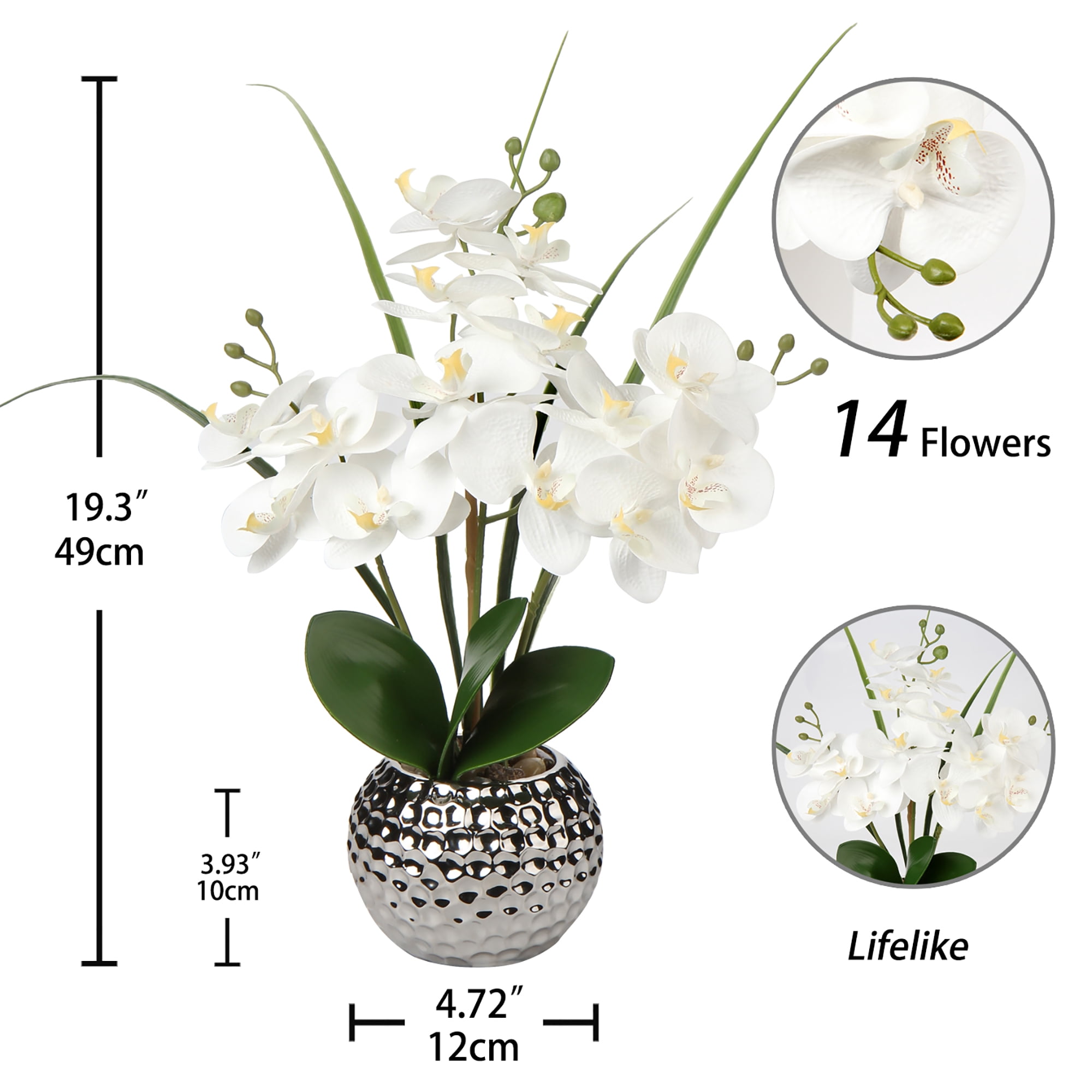 20'' Orchids Artificial Flowers, White Faux Orchid Flowers with Silver Vase Realistic Phalaenopsis Flowers for  Home