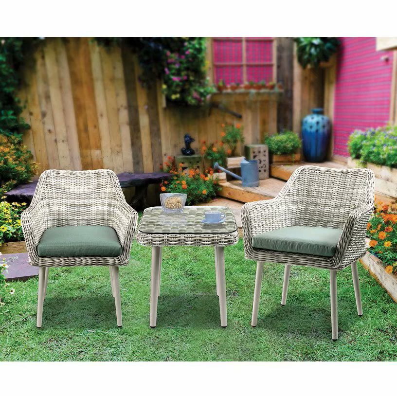 Outdoor Rattan Wicker Bistro Set Garden Patio Furniture Conversation Chair & Table Cushioned Sets Beige Cushion,3 Piece 