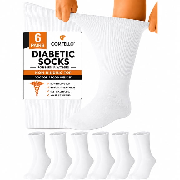 Comfello Diabetic Socks Crew for Men & Women – 6 Pairs of Non-Binding Moisture-Wicking Neuropathy Socks