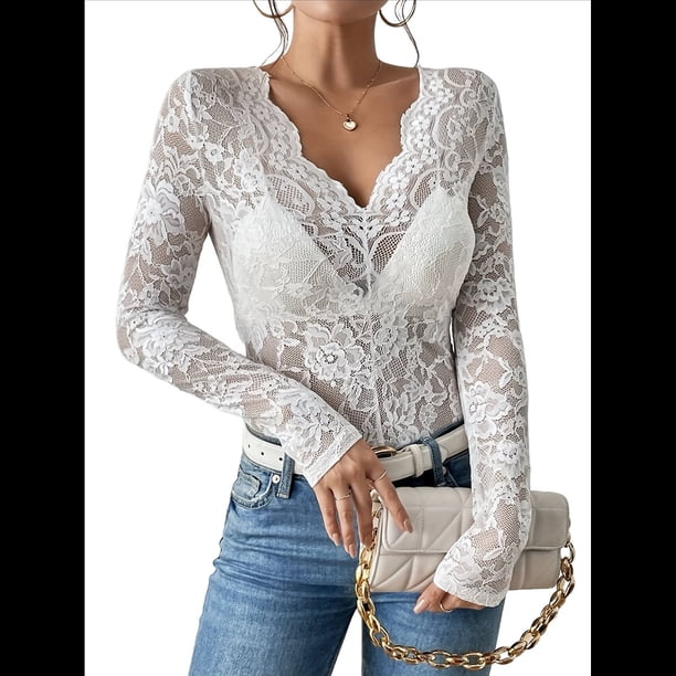 Blusa de Larga con Cuello Redondo y Encaje de con Bordado Floral para Mujer L