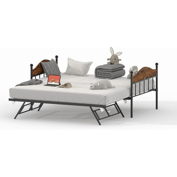 Senfot Twin Daybed with Trundle,Twin Bed Frame with Pop Up Foldable Trundle Bed, Metal Sofa Bed Frame with Stylish Headboard,Heavy Duty Steel Slats Platform for Living Room,Bedroom,Rustic Brown
