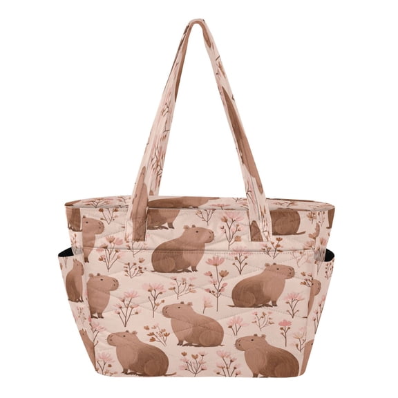 Quilted Tote Bag Large Capacity Multi-Compartment Handbag Lightweight Structured Shoulder Bag Versatile Casual Bag Cute Brown Capybara Pattern