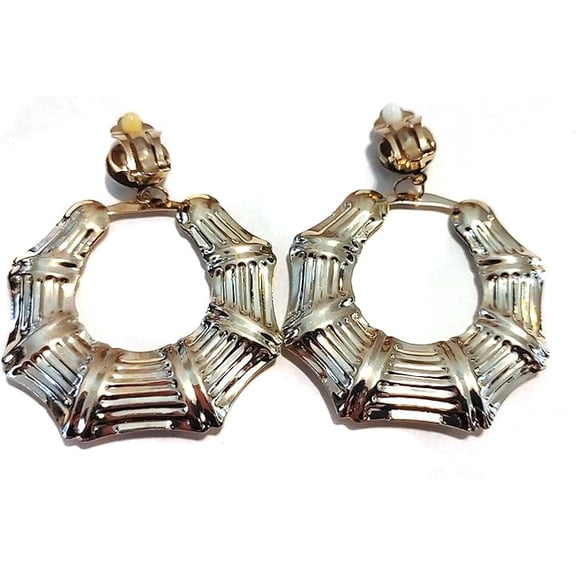 Clip-on Hoop Earrings Square Puffed Bamboo Earrings 3 inch