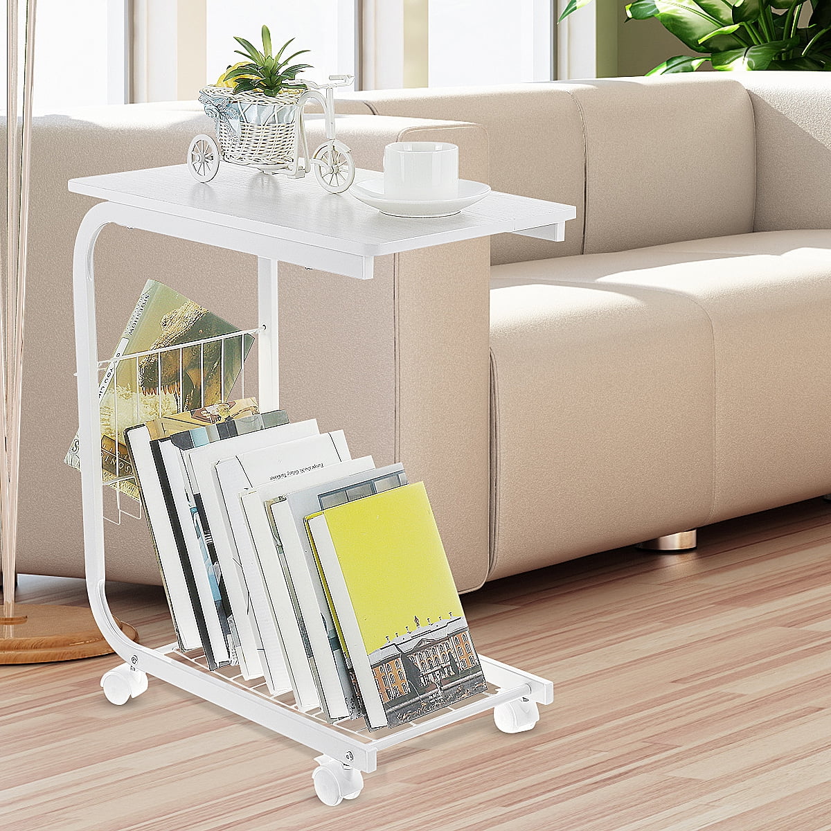 C Shaped End Table, Bedside Table with Lockable Casters Storage Saving