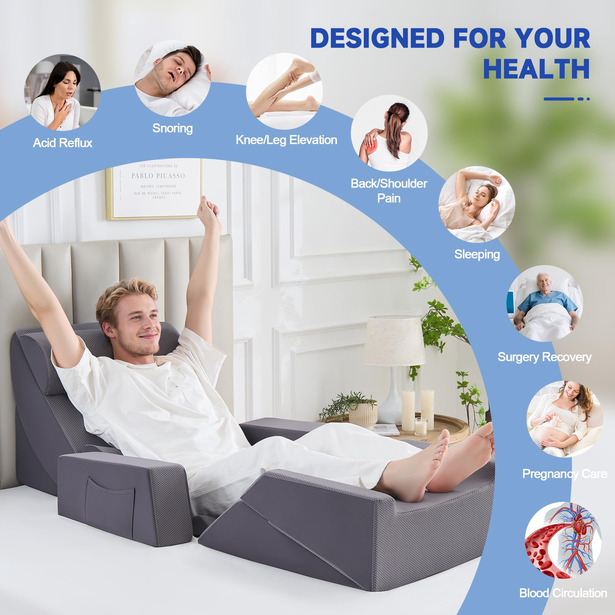 Wedge Pillow Set  9pcs Adjustable Memory Foam Neck Leg Reading With Breathable Seersucker Dark Grey