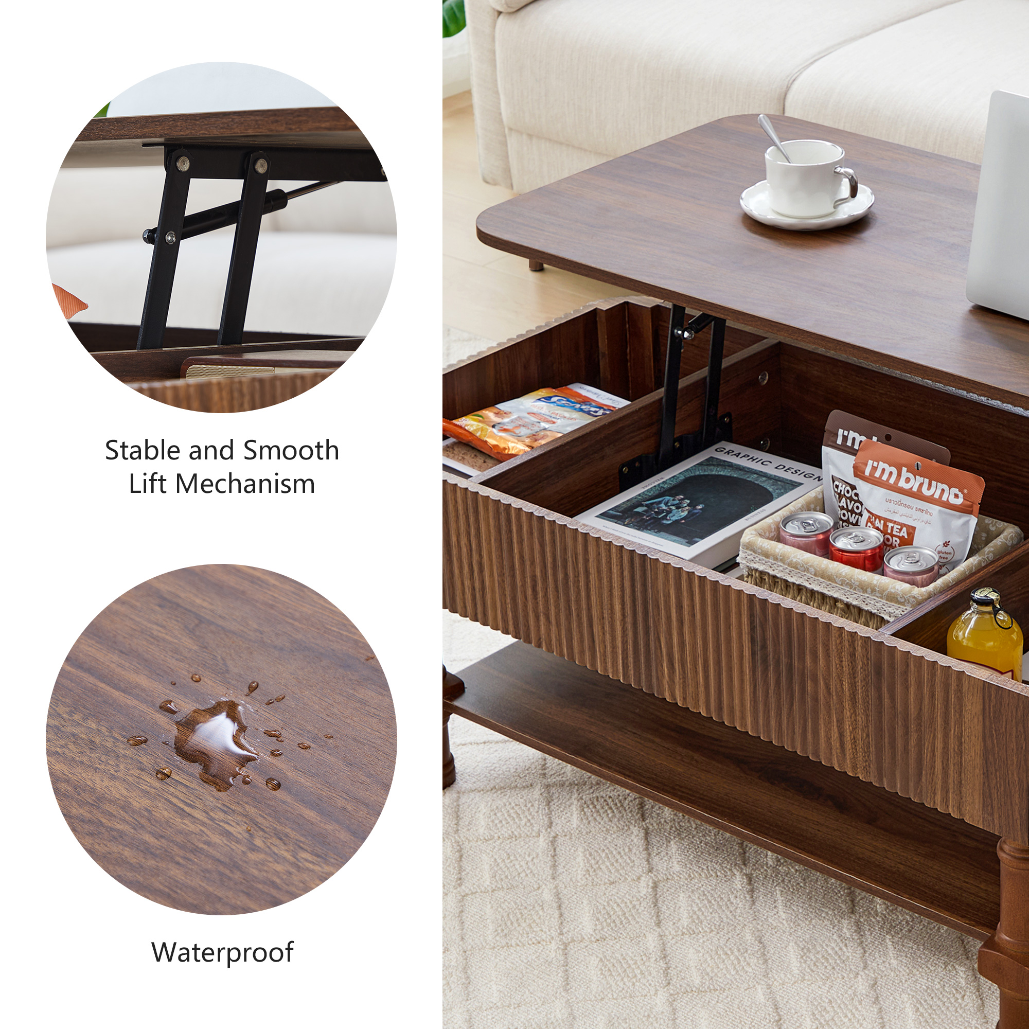 YOCWO Wood Roman Column Lift Top Coffee Table with Storage, Fluted Rectangle Coffee Table with Hidden Compartments for Living Room, Walnut