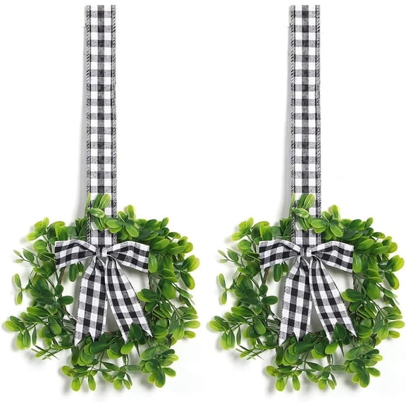 2 9-inch Mini Eucalyptus Wreath Front Door Small Wreath Green Artificial Wreath Summer Spring Farmhouse Porch Wall Window Green Decoration (Black and White Checkerboard)