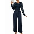 thumbnail image 3 of Women'S Lace Patchwork Round Neck Long Sleeve Formal Jumpsuit Solid Color Casual One-Piece Pants Navy Blue XL, 3 of 9