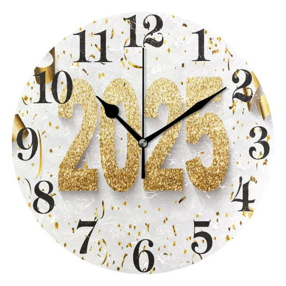 Gold 2025 and Ribbons Round Wall Clock Battery Operated Silent Non-Ticking Bedroom Office Kitchen Home School Decor 10"(Black)