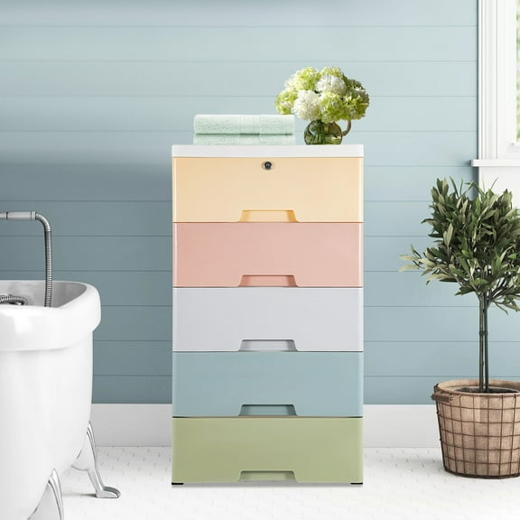 Chest of 5 Drawers Drawer Tower Dresser Clothes Storage Racks Bedroom Plastic for bedroom, living room