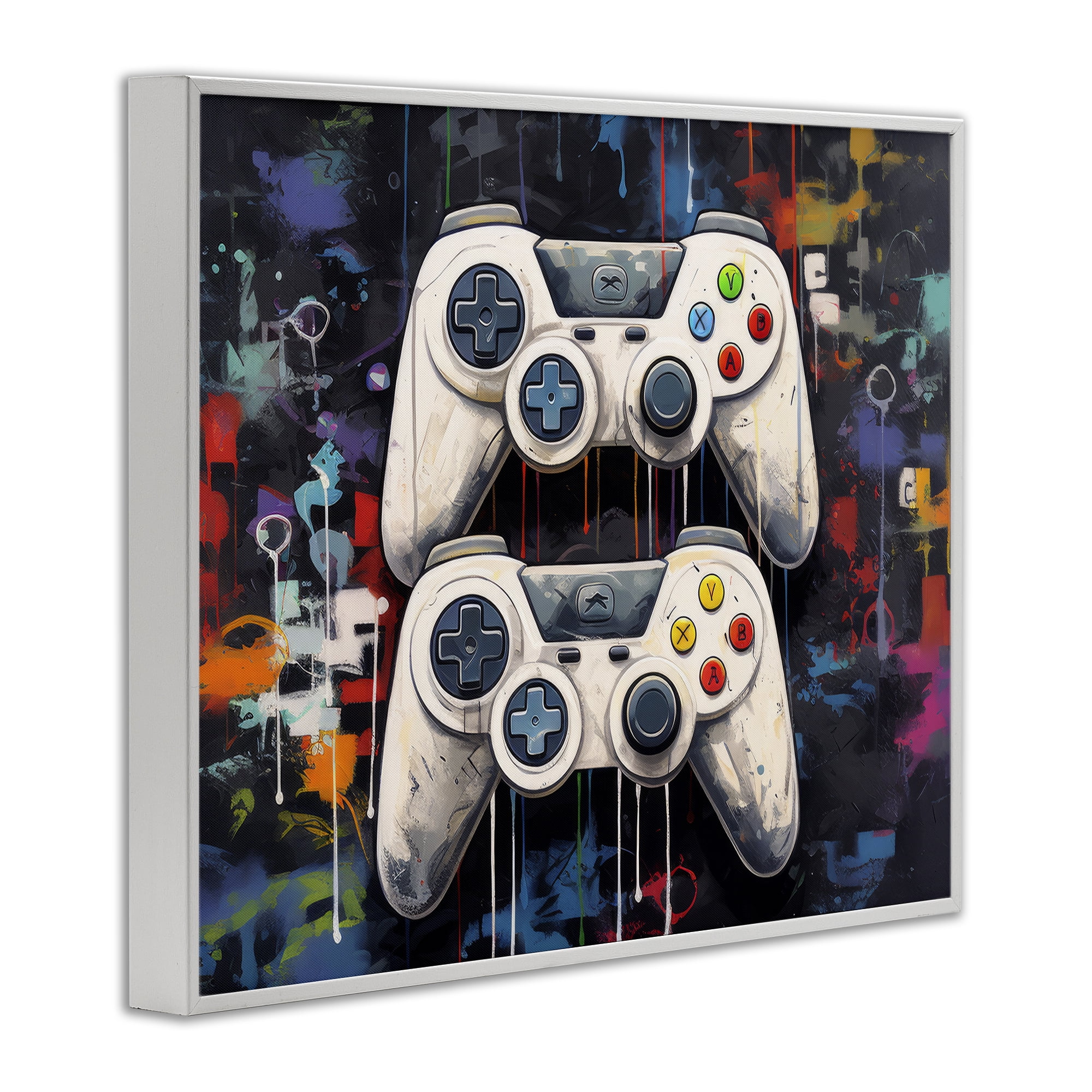 Stupell Industries Joystick Journeys with Paint Splatter White Framed Giclee Art, design by Lazar Studio