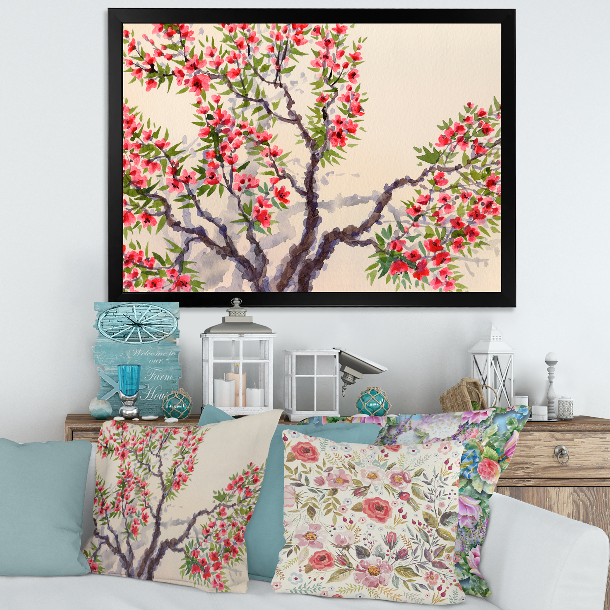 Designart 'The Blossoming Tree With Red Flowers I' Traditional Framed Art Print