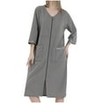 thumbnail image 2 of Abomasnow Women's Short Sleeve Zip Front Knit Nightgowns Full Length Cotton Robes Casual Loose Fit Housecoat Loungewear with Pockets, 2 of 8