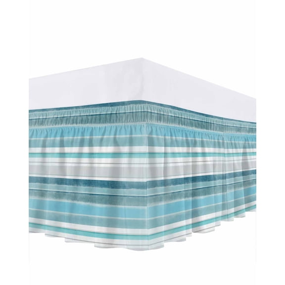 Northern Europe Ruffle Bed Skirt King Size Turquoise Vintage Stripes Adjustable Elastic Dust Bed Skirts Wrap Around Bedskirt Wrinkle Free Easy Fit with 18 Inch Drop