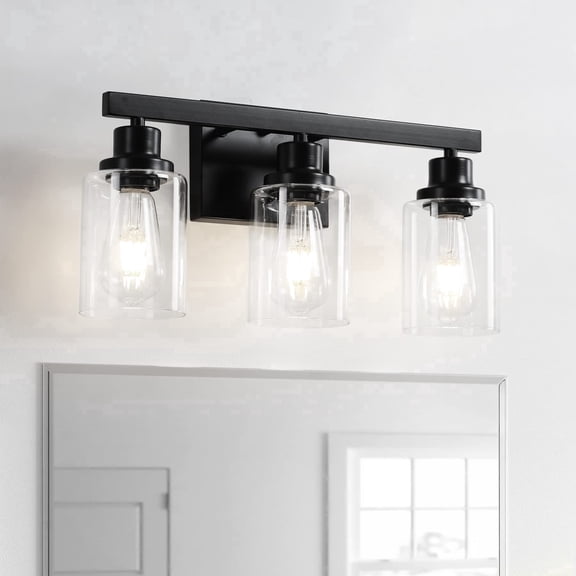Kincubow 3-Light Matte Black Bathroom Vanity Light with Clear Glass Shades, E26 Base, Square Design, UL Listed