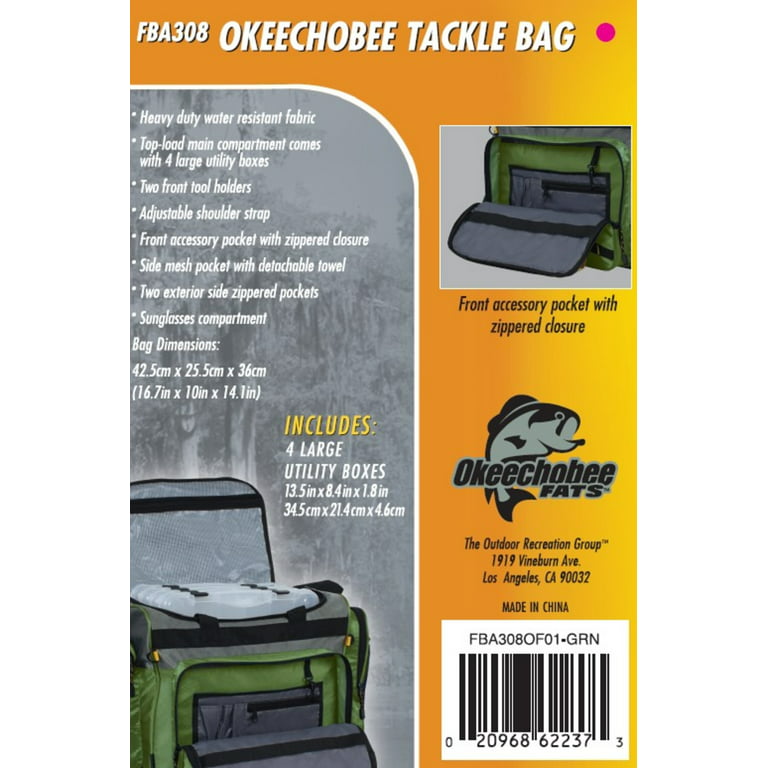 Okeechobee Fats XL Fishing Tackle Bag with 4 Large Lure Box, Green