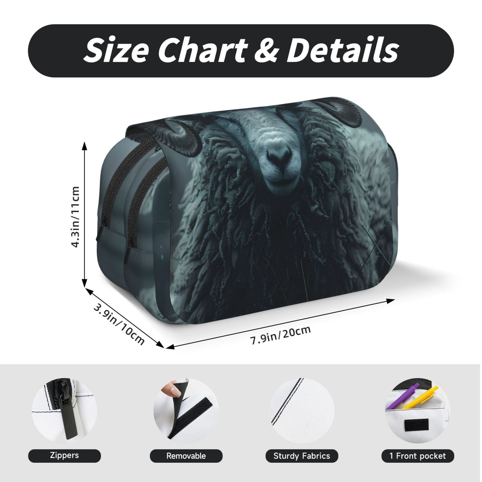 Rateoe Moody Ram Portrait Pattern Double Clamshell Pen Case, Storage Organizer with Two Zipper Compartments– Holds Up to 50 Pencils & Pens