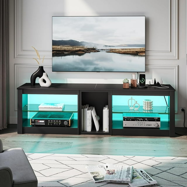 Bestier Carbon Fiber TV Stand for 70" w/Power Outlets, Entertainment Center Cabinet with Storage