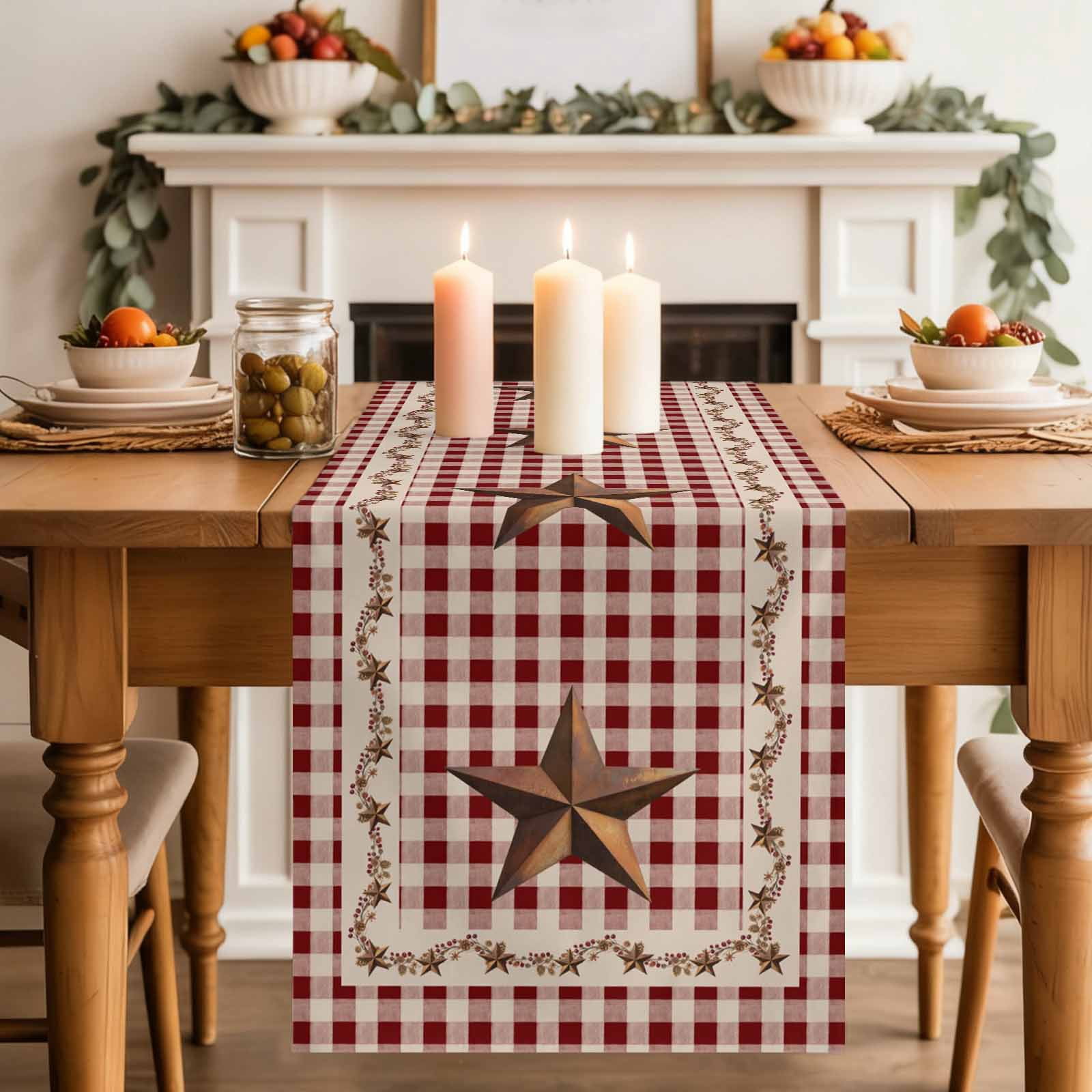 Rusty Country Stars Table Runner, Farmhouse Berries Vine Red Beige Plaid Cotton Linen Kitchen Table Decoration Washable Dining Tabletop Runners for Home Party Decor 13x108 Inches