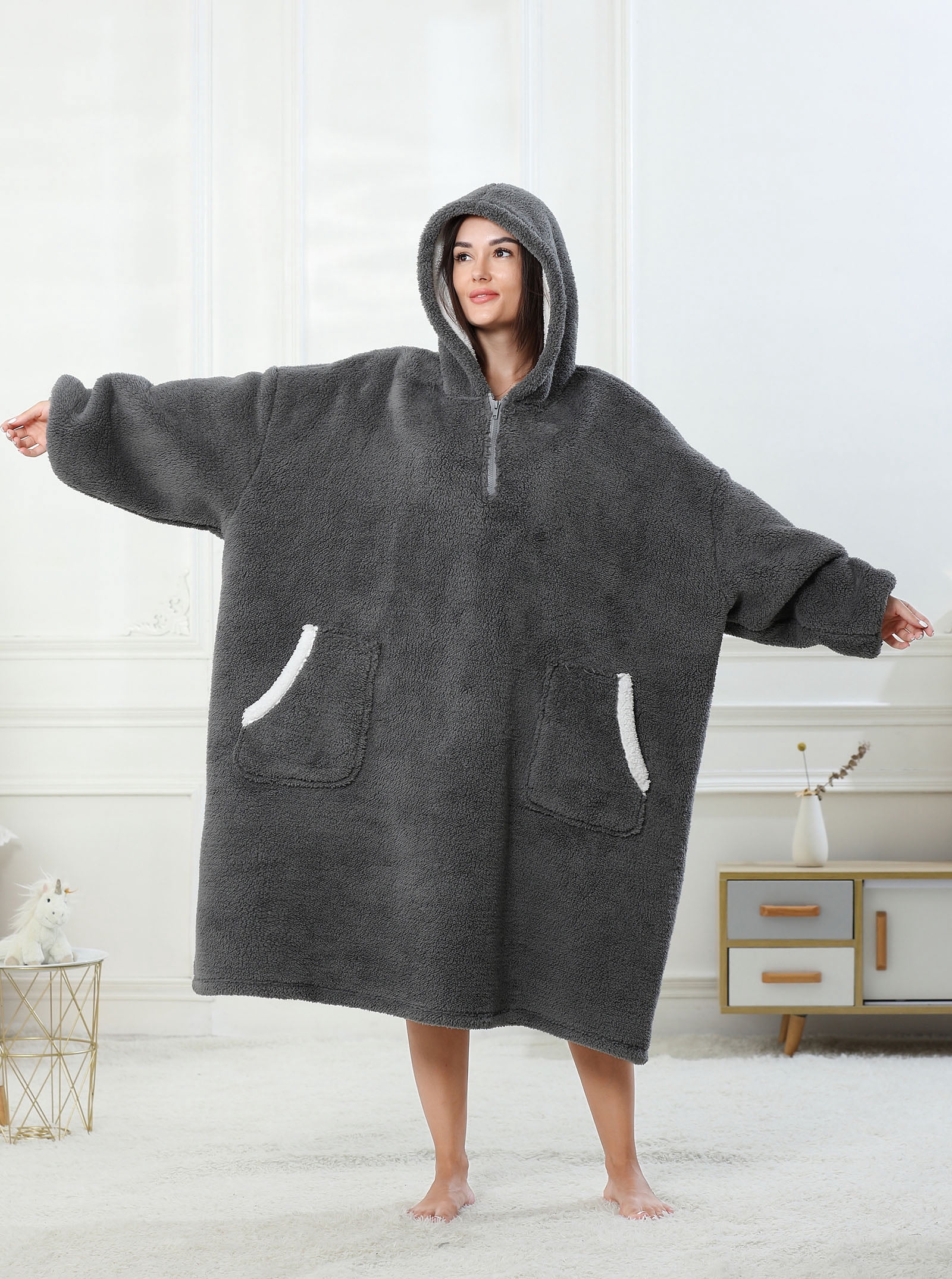 LONGHUSHAN Wearable Blanket Oversized Blanket Hoodie for Women Men , Soft Comfy Warm Sherpa Fleece Sweatshirt with Zipper and Deep Pockets, Winter Gifts Girlfriend Mom - Gray