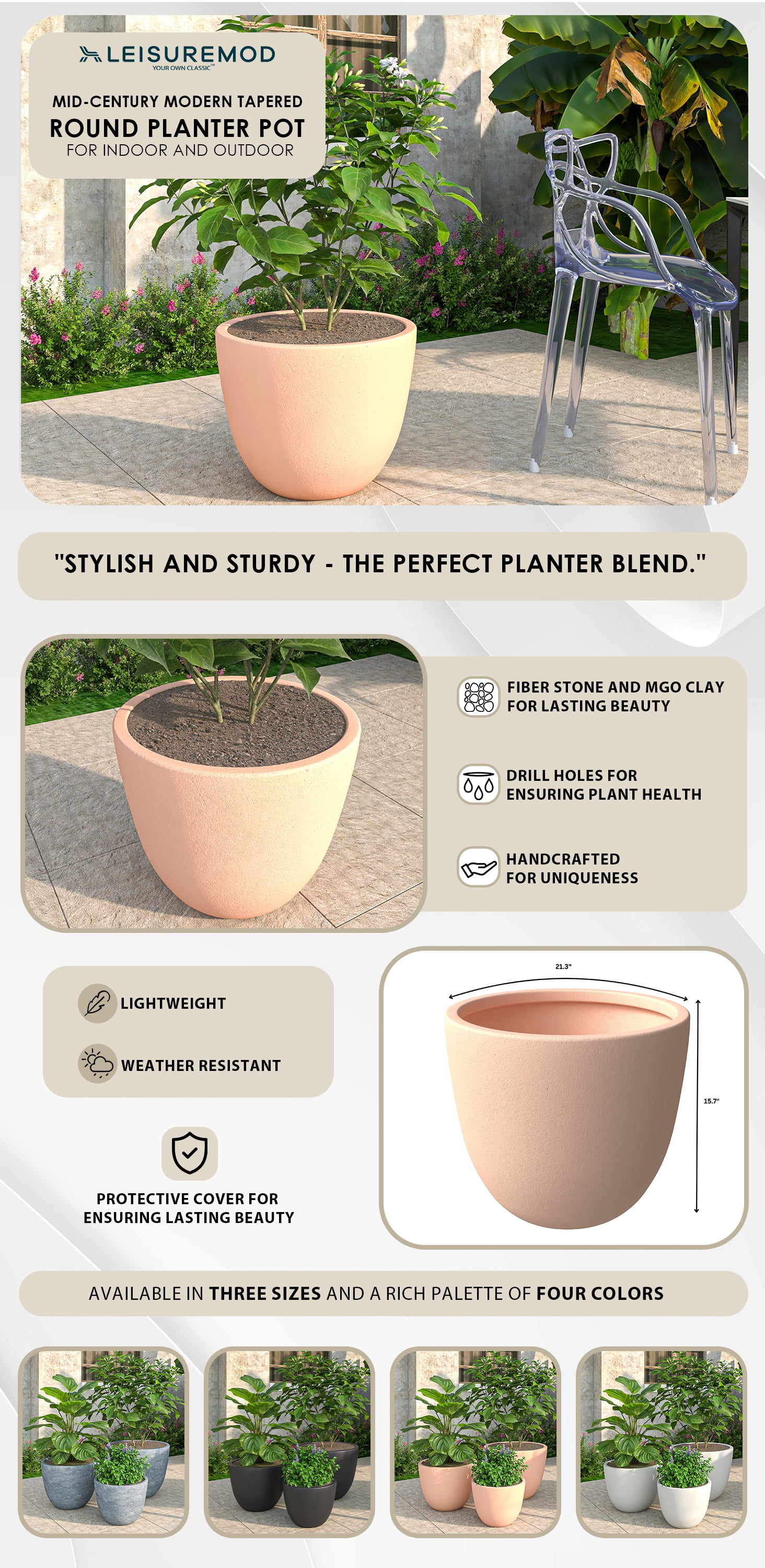 LeisureMod Dahlia Mid-Century Tapered Round Planter, Fiberstone & MgO Clay, Indoor/Outdoor Plant Pot