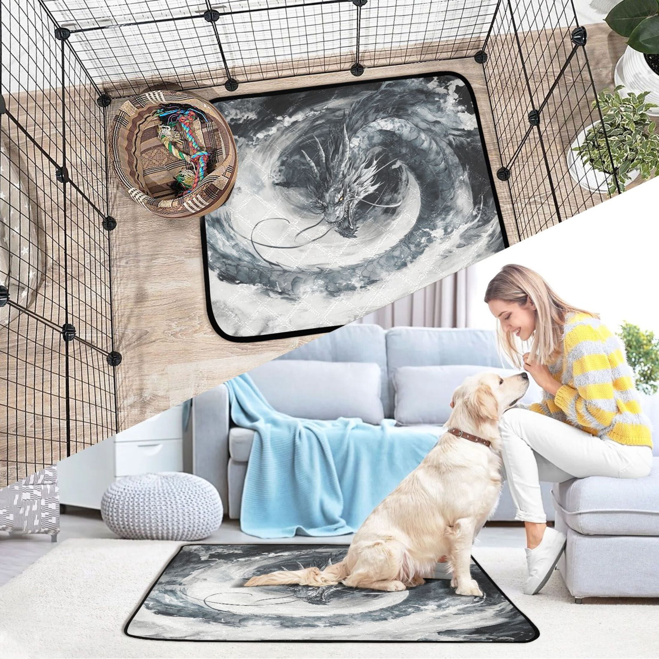 Qxltty Gray Dragon Cat litter Pads Pet Set of 3 Diaper Mats Center Anti-leakage Layer Absorbent Soft and Comfortable