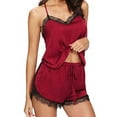 thumbnail image 3 of FAFWYP Women 2 Pieces Pajamas Sets Lace Trim Satin Cami Sleepwear Sleeveless Strap Top and High Elastic Drawstring Shorts Nightwear Sets, 3 of 5