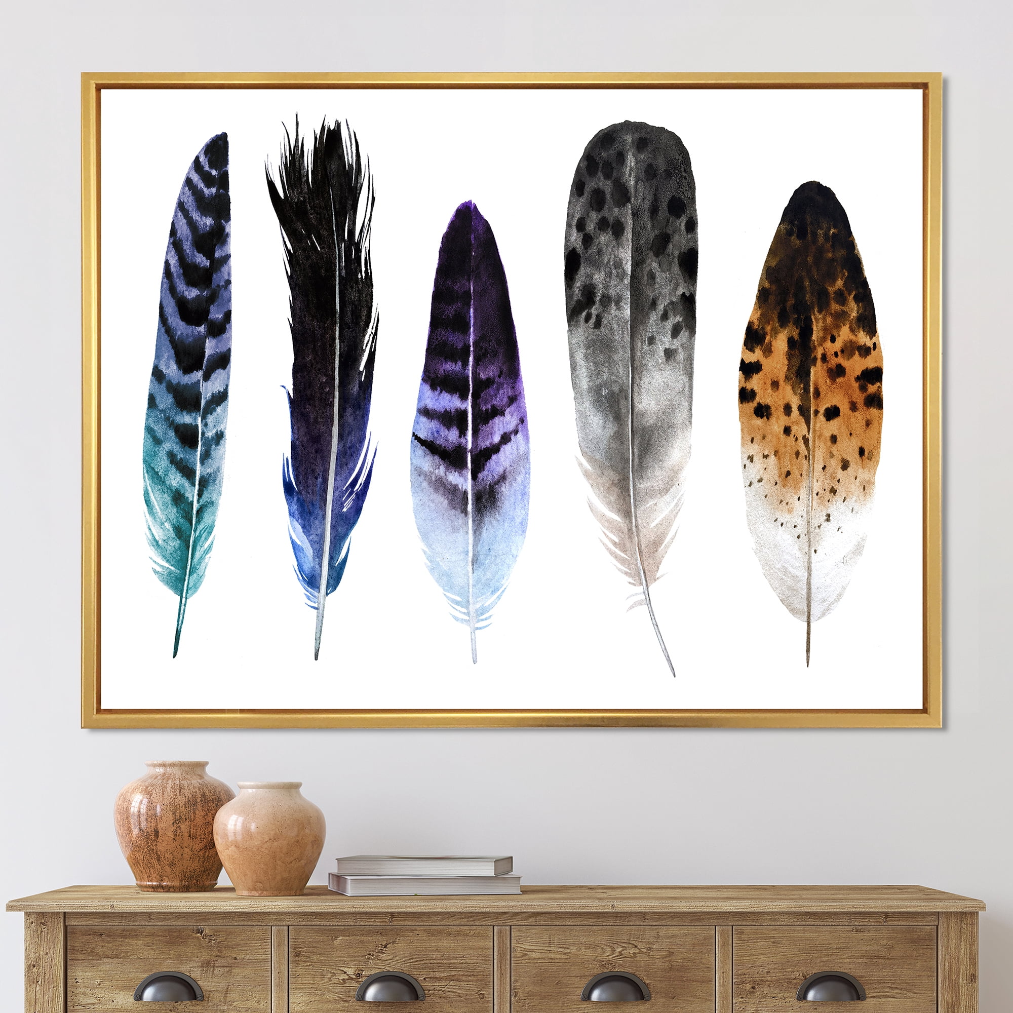 Designart 'Colourful Boho Art Feathers II' Bohemian & Eclectic Framed Canvas Wall Art Print