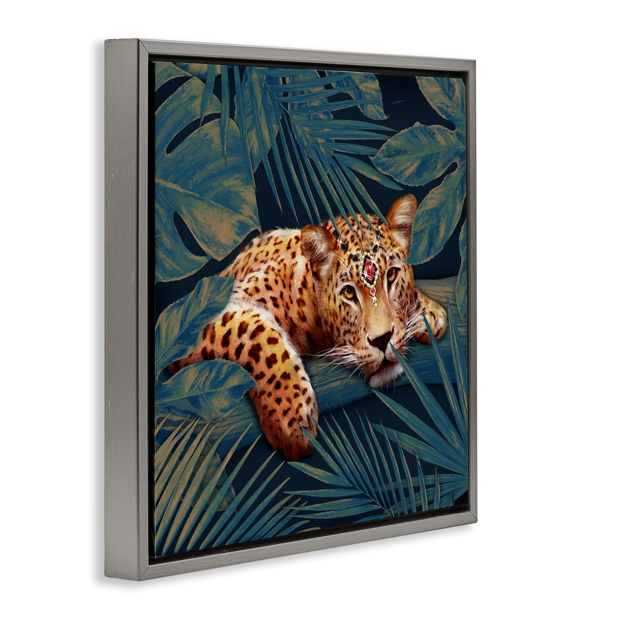 Stupell Industries Tropical Leopard with Glitz Gem Animals & Insects Painting Gray Floater Framed Canvas Art Print Wall Art, 25 x 25