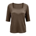 thumbnail image 5 of JFGHDG Women Spring Summer Trendy Basic Tee Top, Scoop‑Neck Half‑Sleeve Ribbed‑Knit Slim‑Fit Casual Daily Shirt Brown 3XL, 5 of 9