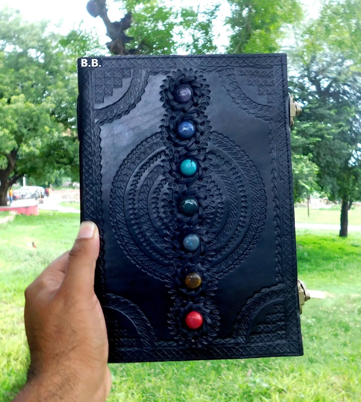 Handcrafted Embossed Design Vintage Leather Bound Journal Seven Chakra Stone Diary Blank Notebook For Men & Women