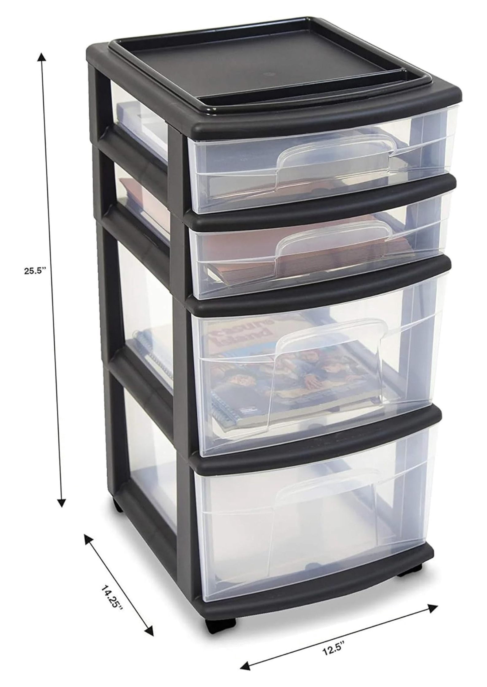 Exlonjet Plastic 4 Clear Drawer Medium Home Organization Storage Container Tower with 2 Large Drawers and 2 Small Drawers, Black Frame (2 Pack)