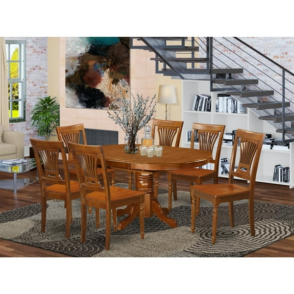 Modern Dining Set 7 Piece - Oval Table with Leaf & 6 Chairs - Saddle Brown Finish