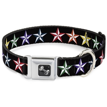 Buckle-Down Pet Collar Dog Collar Metal Seatbelt Buckle Nautical Star Black Multi Color 11 to 16.5 Inches 1.0 Inch Wide