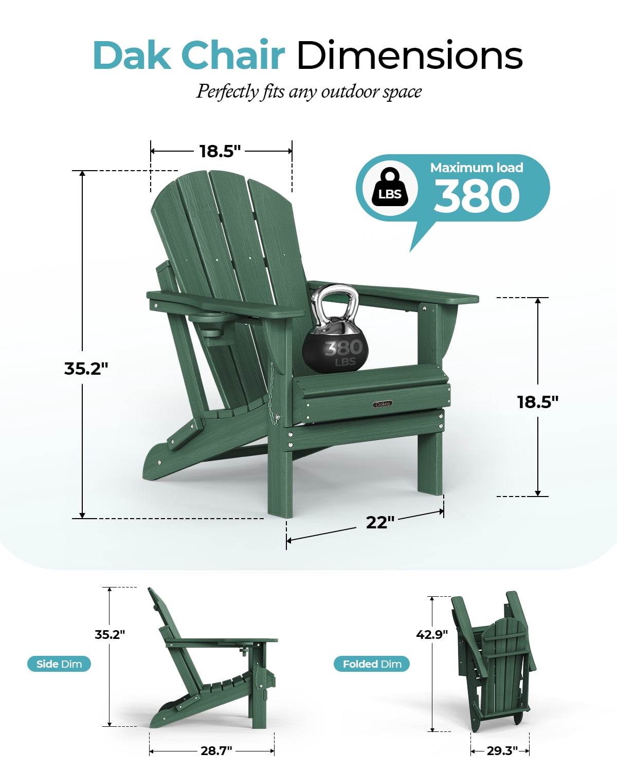 Folding Adirondack Chair, All-Weather HDPE Fire Pit Patio Chair, Green