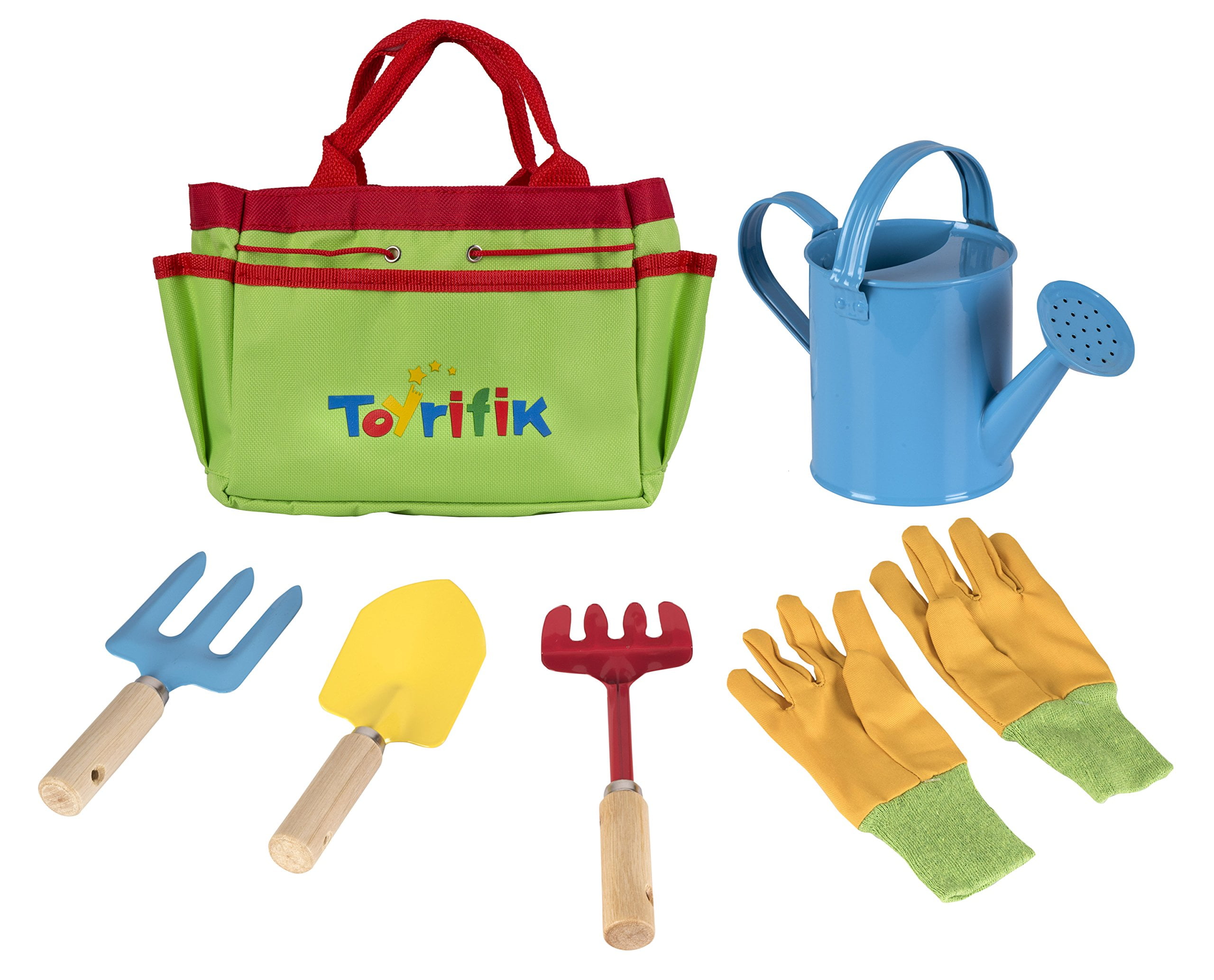 7 Piece Kids Garden Tools Set Rake Shovel fork Watering Iron Wood Play Toy w/Bag 