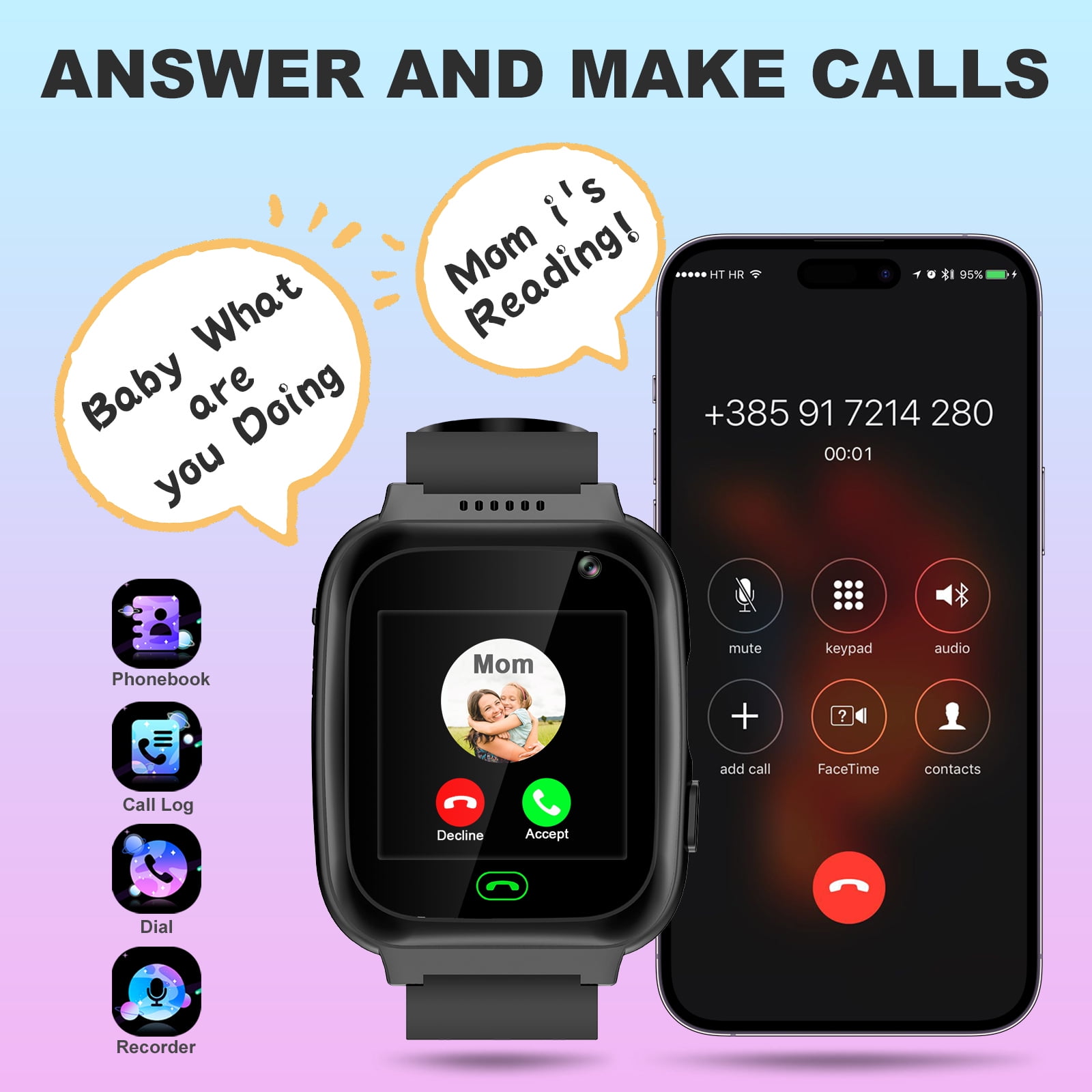 TOPCHANCES Kids Smart Watch for Boys Girls, Touch Screen Smartwatch with Call, 8 Games, Camera, Video, Calculator, Music Player (Black)