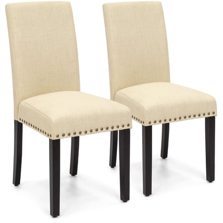 Ghp 2 Pcs 250 Lbs Ivory Wood Fabric Upholstered Parsons Accent Nail Head Dining Chair Walmart Com