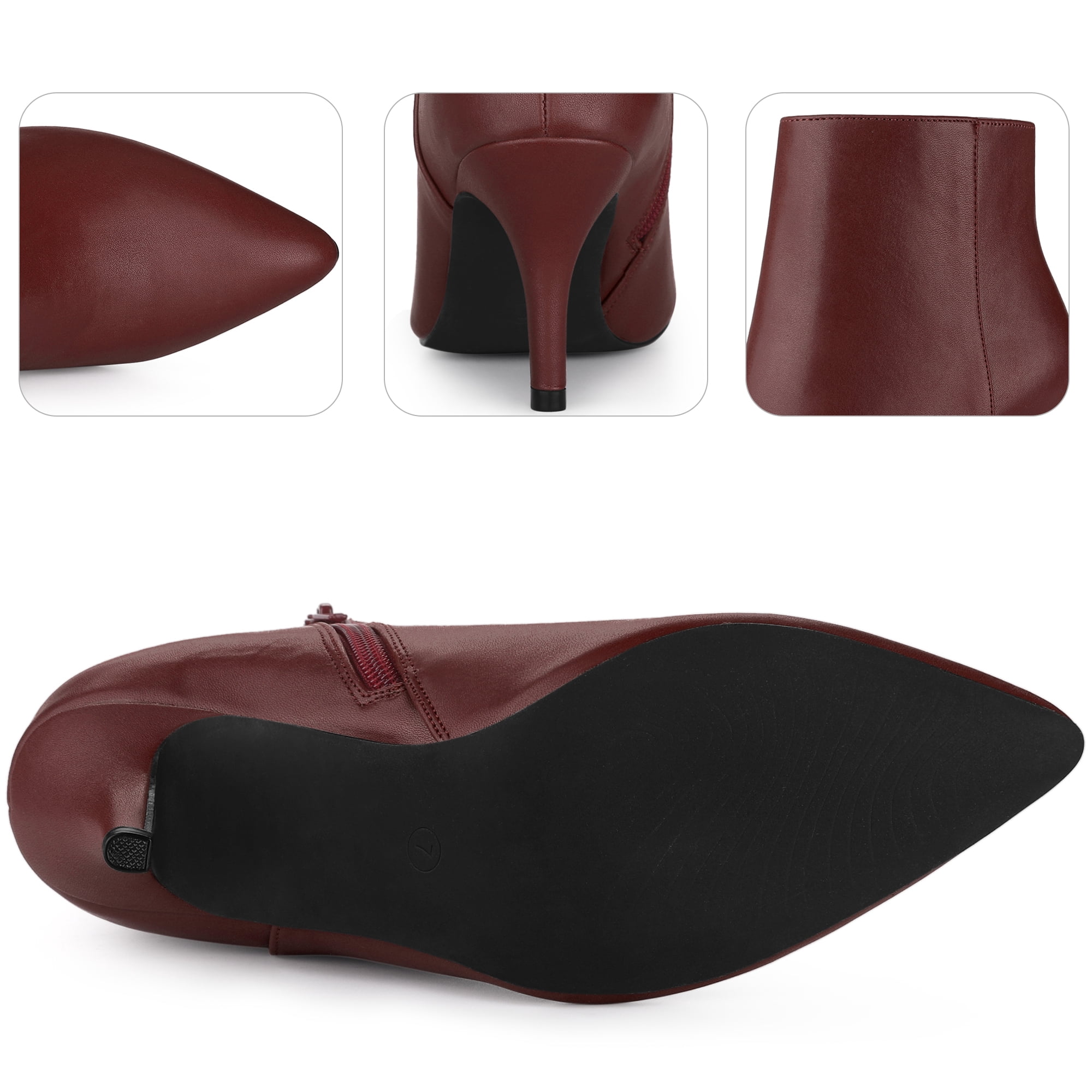 Unique Bargains Women's Side Zipper Pointed Toe Stiletto Heel Ankle Boots Burgundy 6