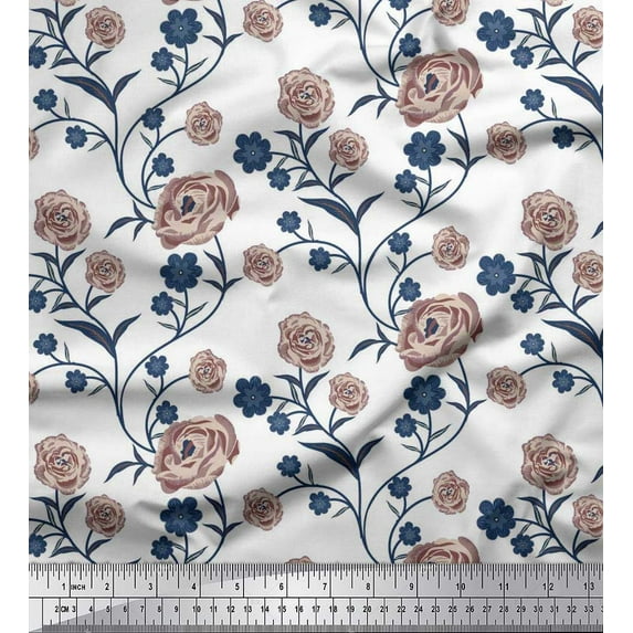 Soimoi Modal Satin Fabric Leaves & Rose Floral Printed Craft Fabric by the Yard 42 Inch Wide