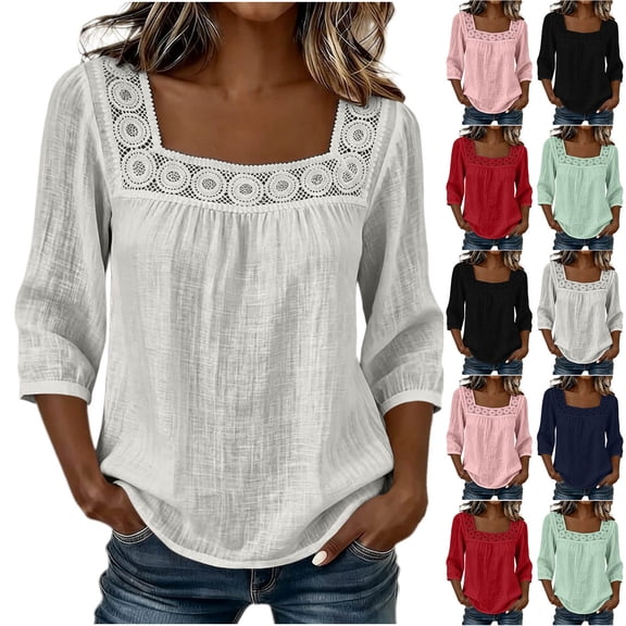 Aboser Women's 3/4 Sleeve Shirts Boho Crochet Square Neck Blouses Lightweight Cozy Gauze Shirt Going Out Tops Fall Casual Blouse Top